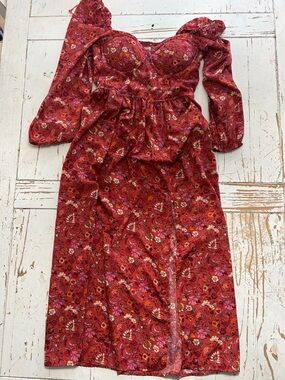 Off-Shoulder Red Floral Midi Dress with Puff Sleeves